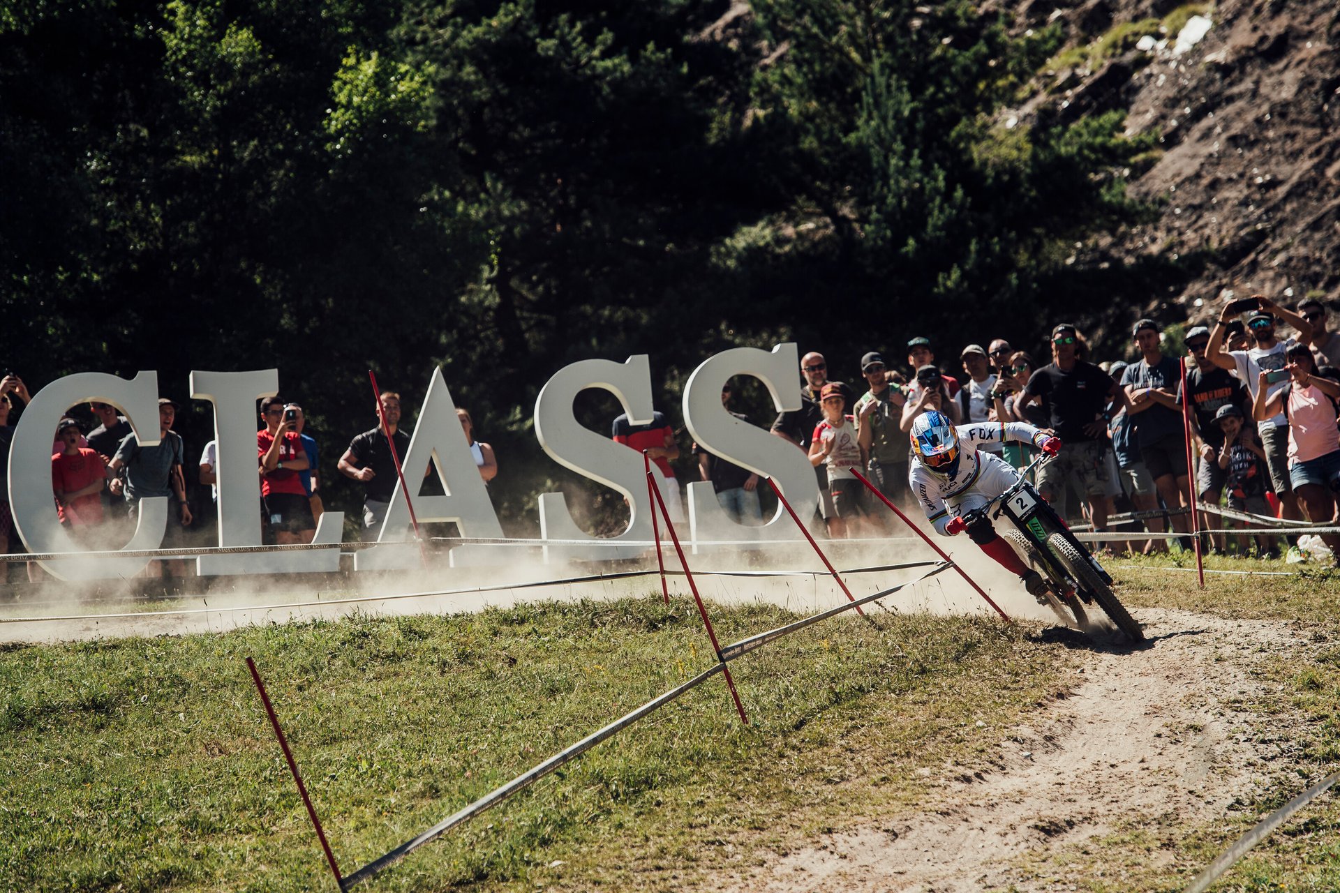 Loic Bruni coming around the final corners at the Andorra DH World Cup 2019