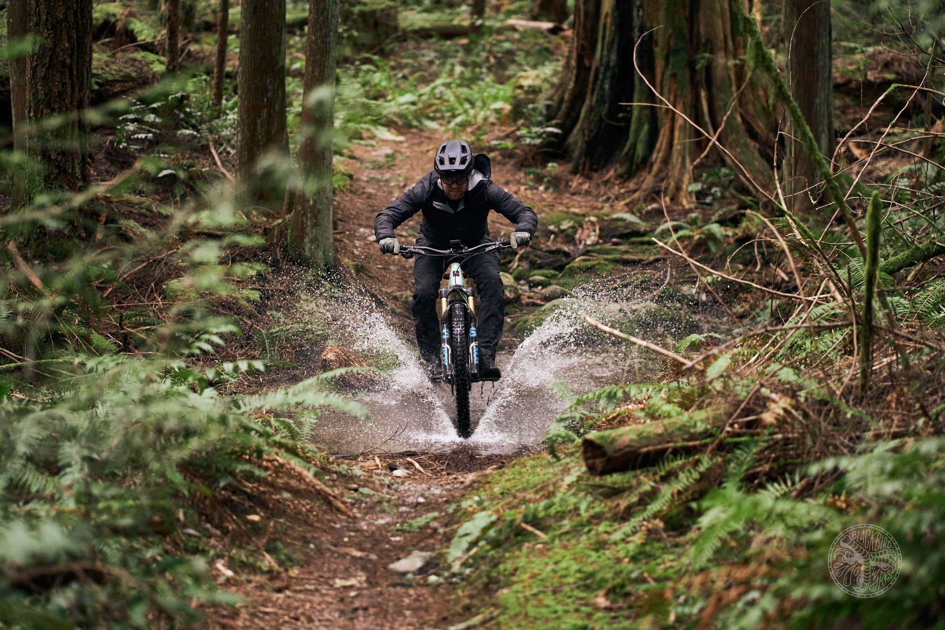 Pete riding through a puddle in West Sechelt