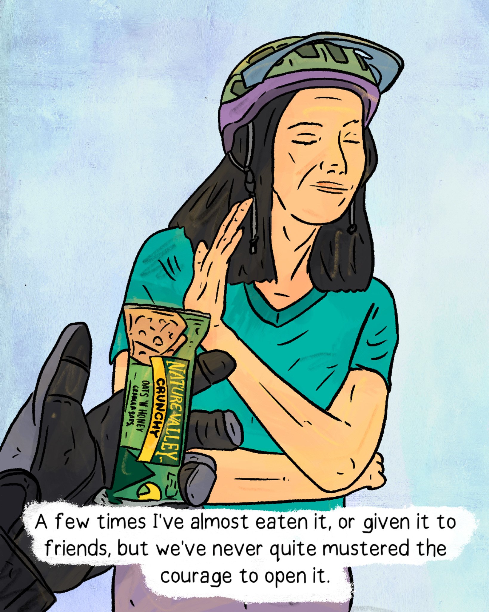 woman declining granola bar
