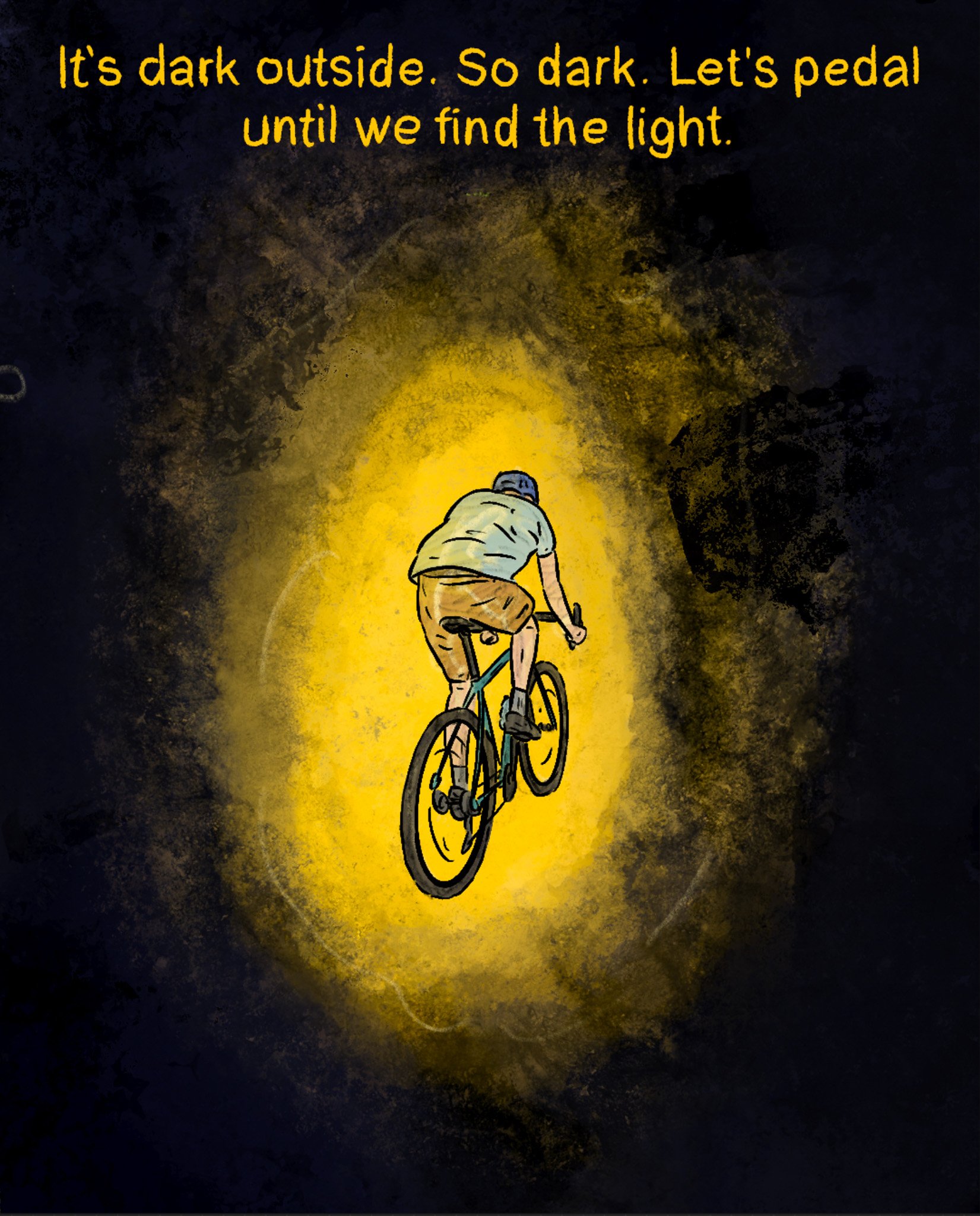 A man riding a bike into the dark