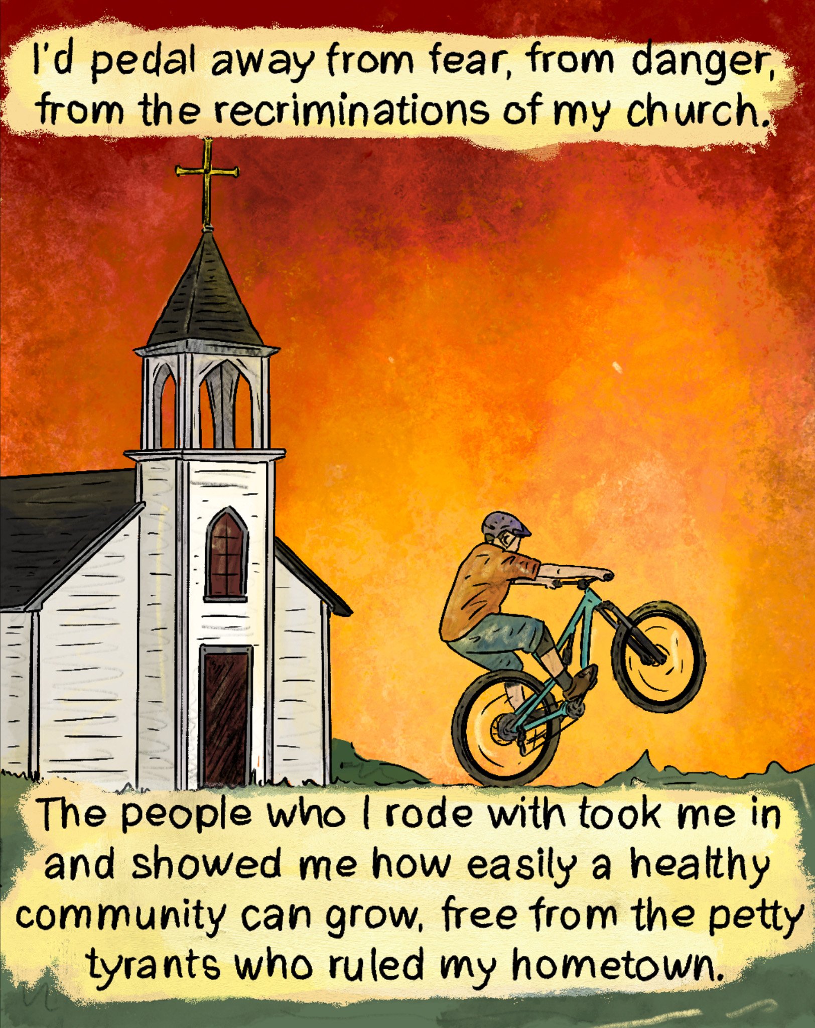 Riding bike out of a church