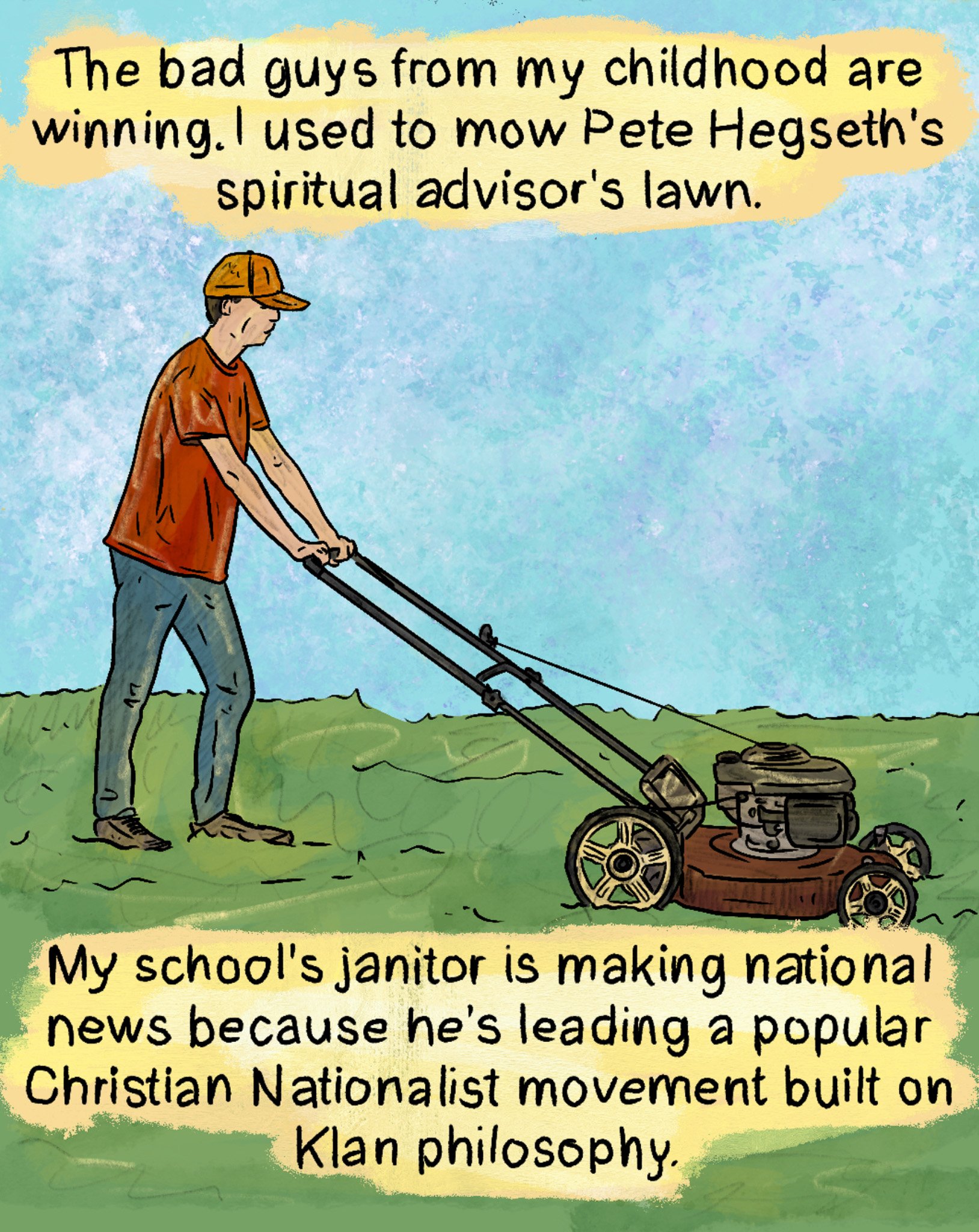 A kid mowing the lawn