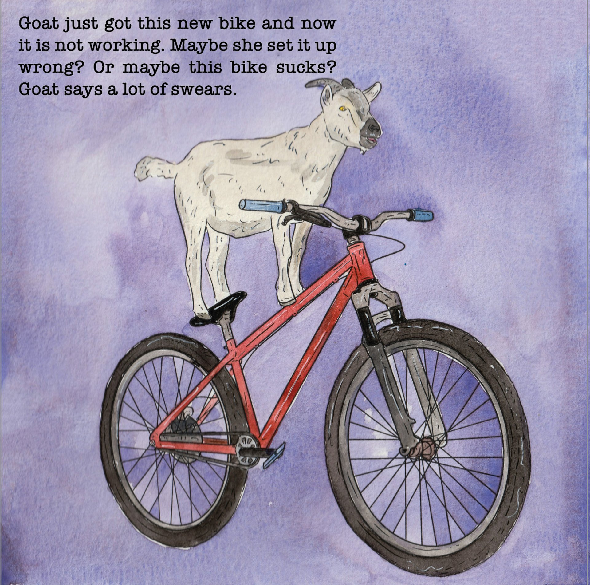 A goat with a broken bike
