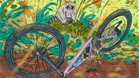 A raccoon watching someone fix their bike.