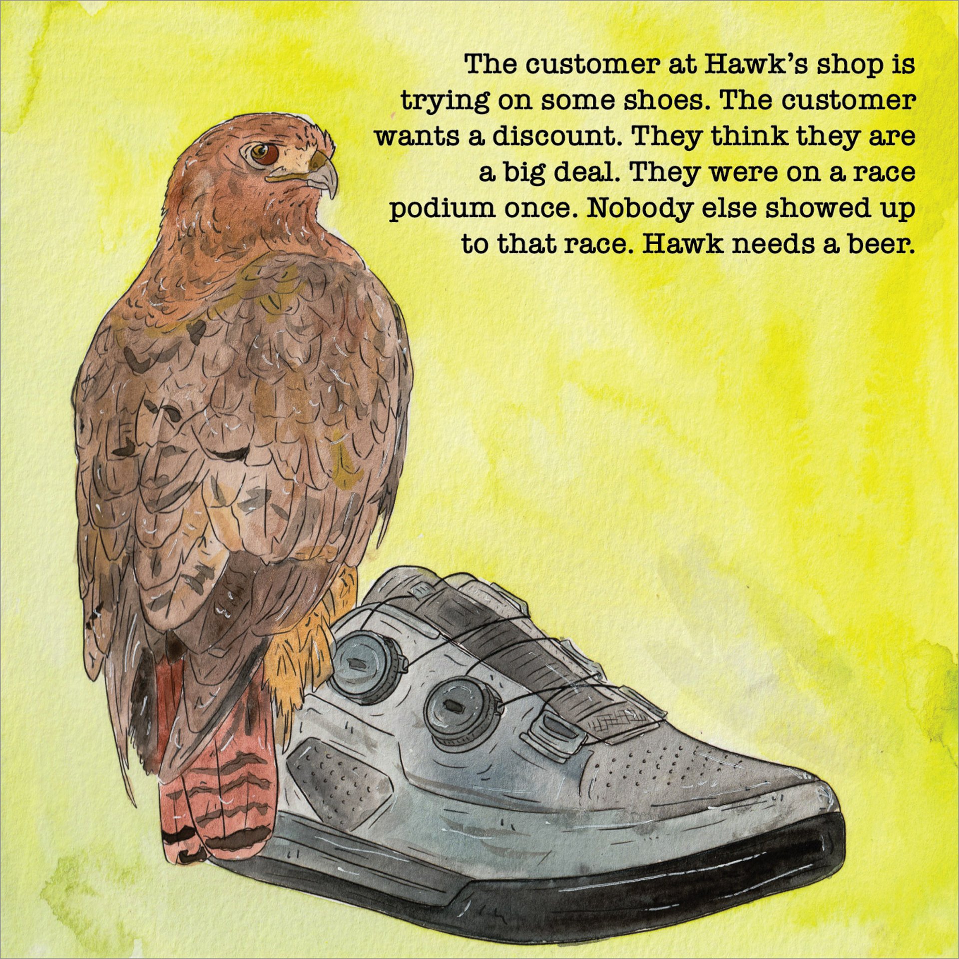 a hawk perched on a bike shoe
