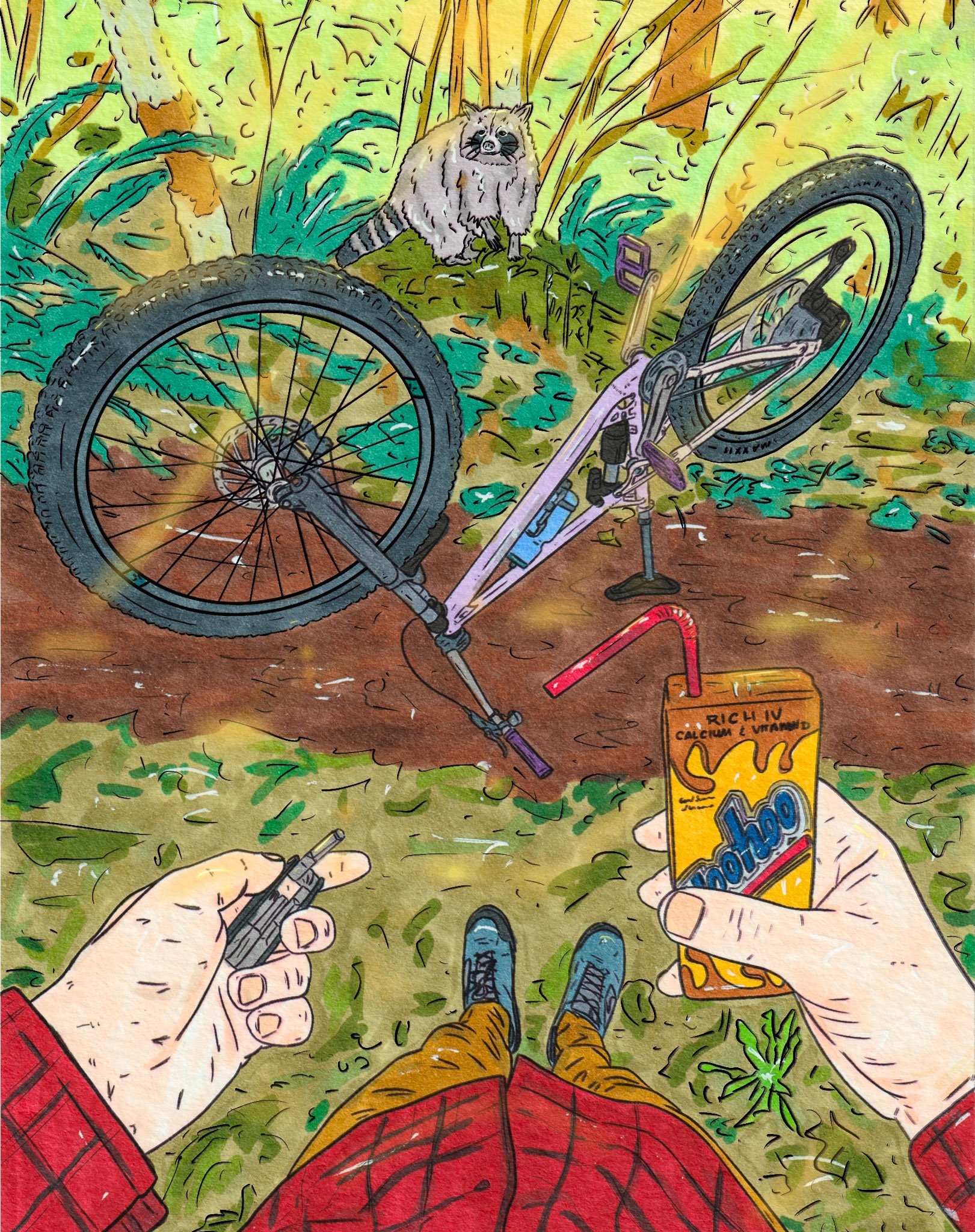 a raccoon watching someone fix their bike