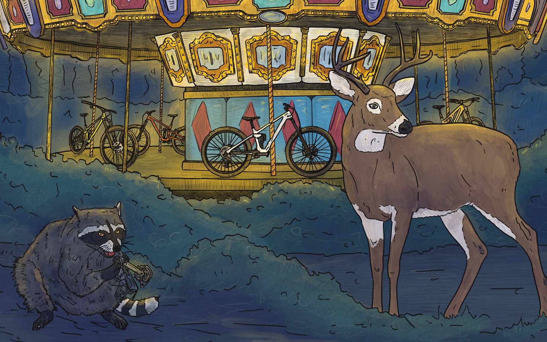 A raccoon and a dear acting all suss.