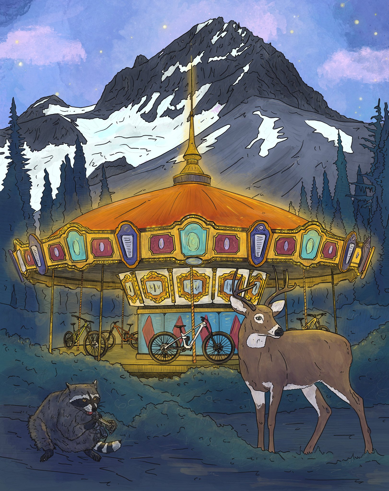 A raccoon and a deer in front of some bikes