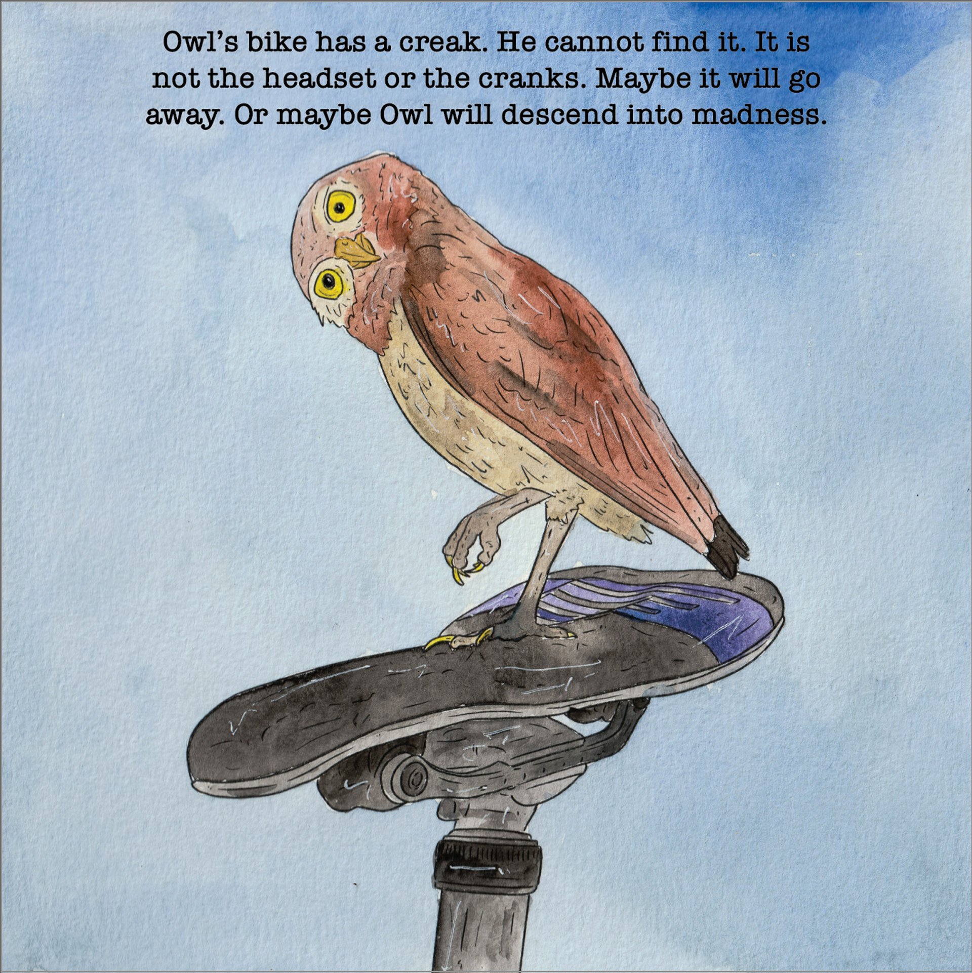 An owl who can't find the problem with his bike
