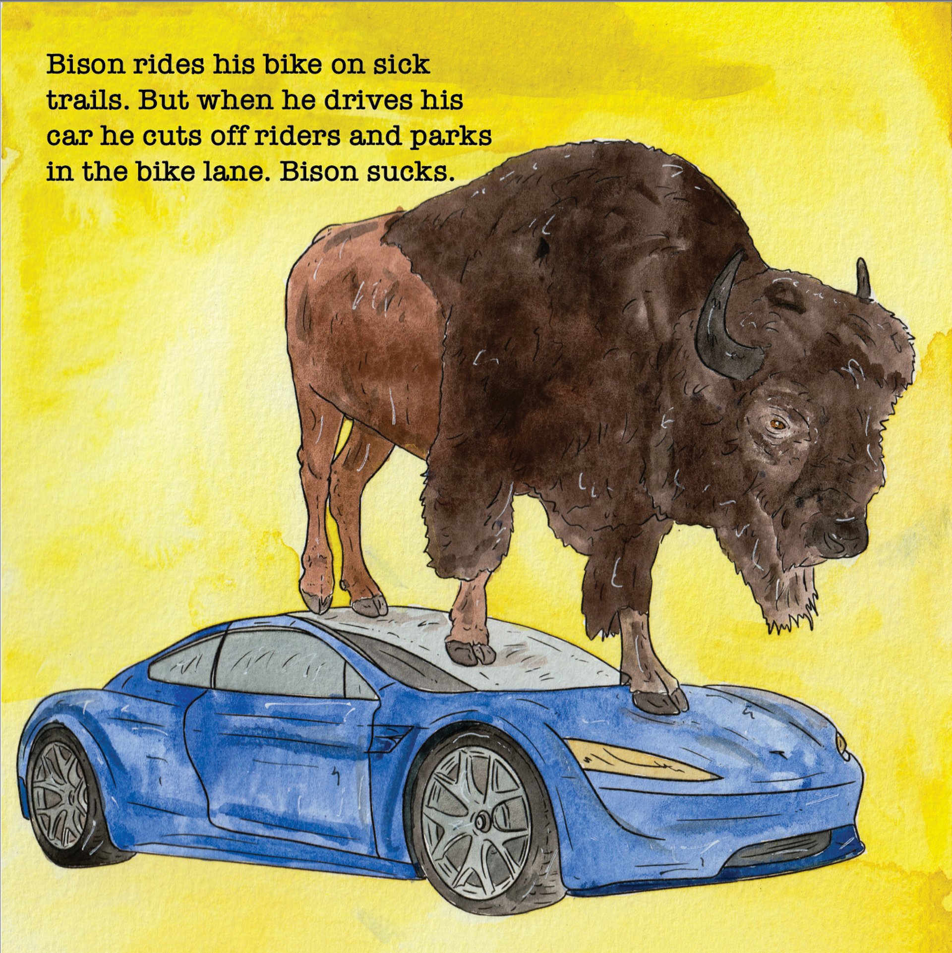 A bison in a Tesla
