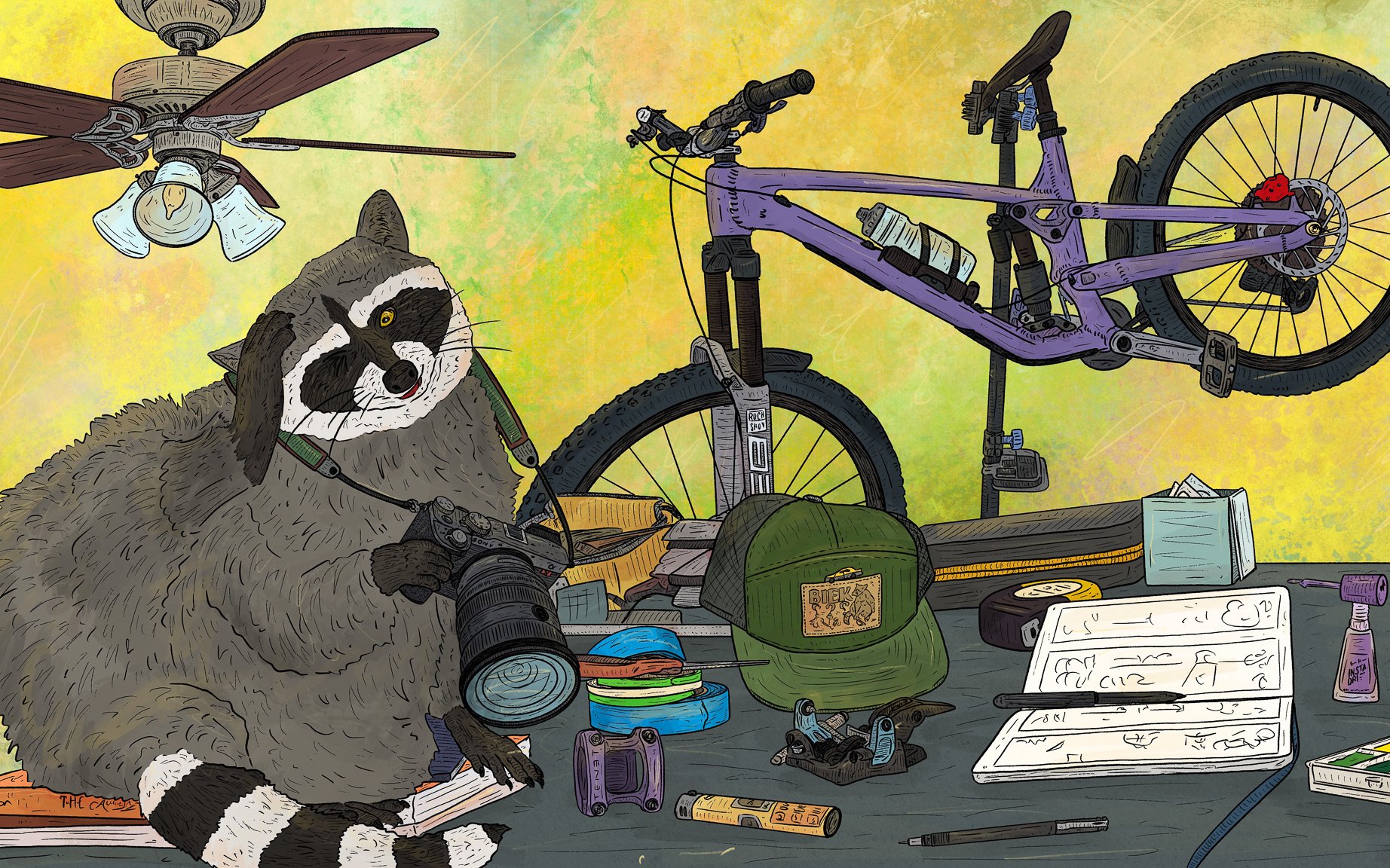 Raccoon with a camera sitting on a desk