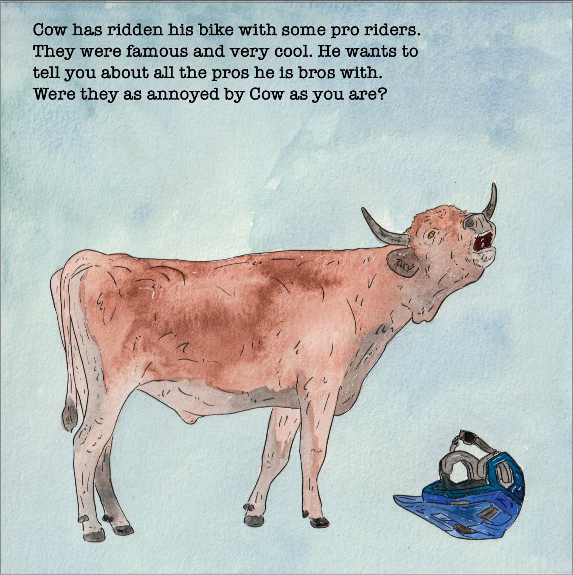 A cow with a bike helmet