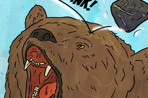 A bear getting clunked with a rock
