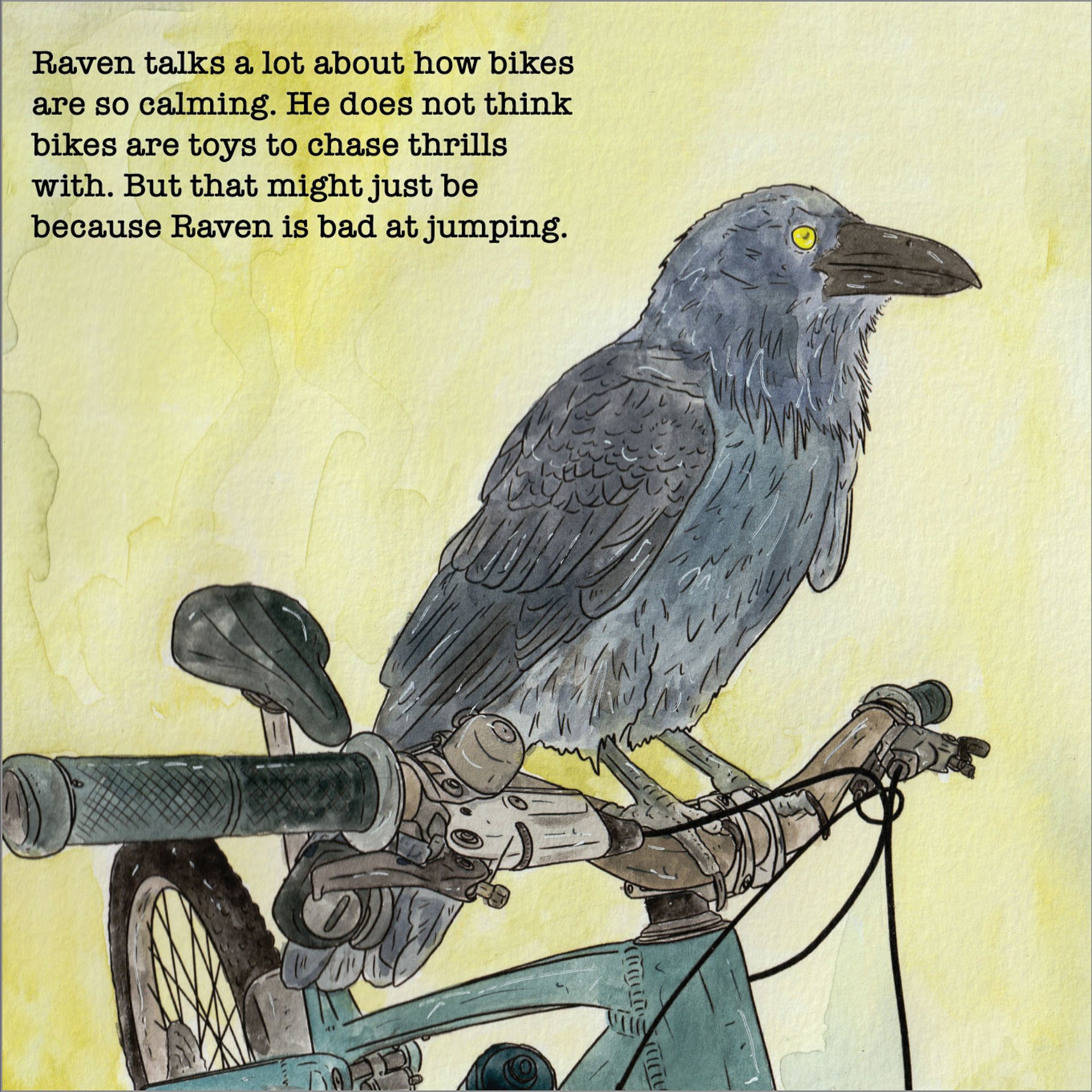 A raven perched on a bike handlebar.