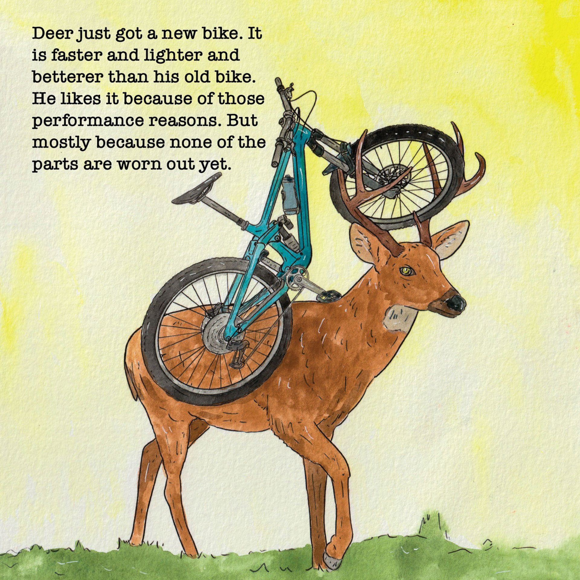 A deer with a bike stuck in his antlers.
