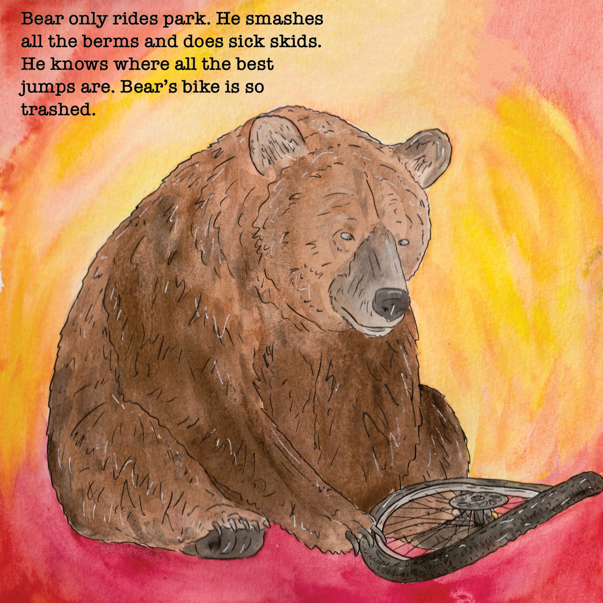 A bear looking sadly at his tacoed wheel.