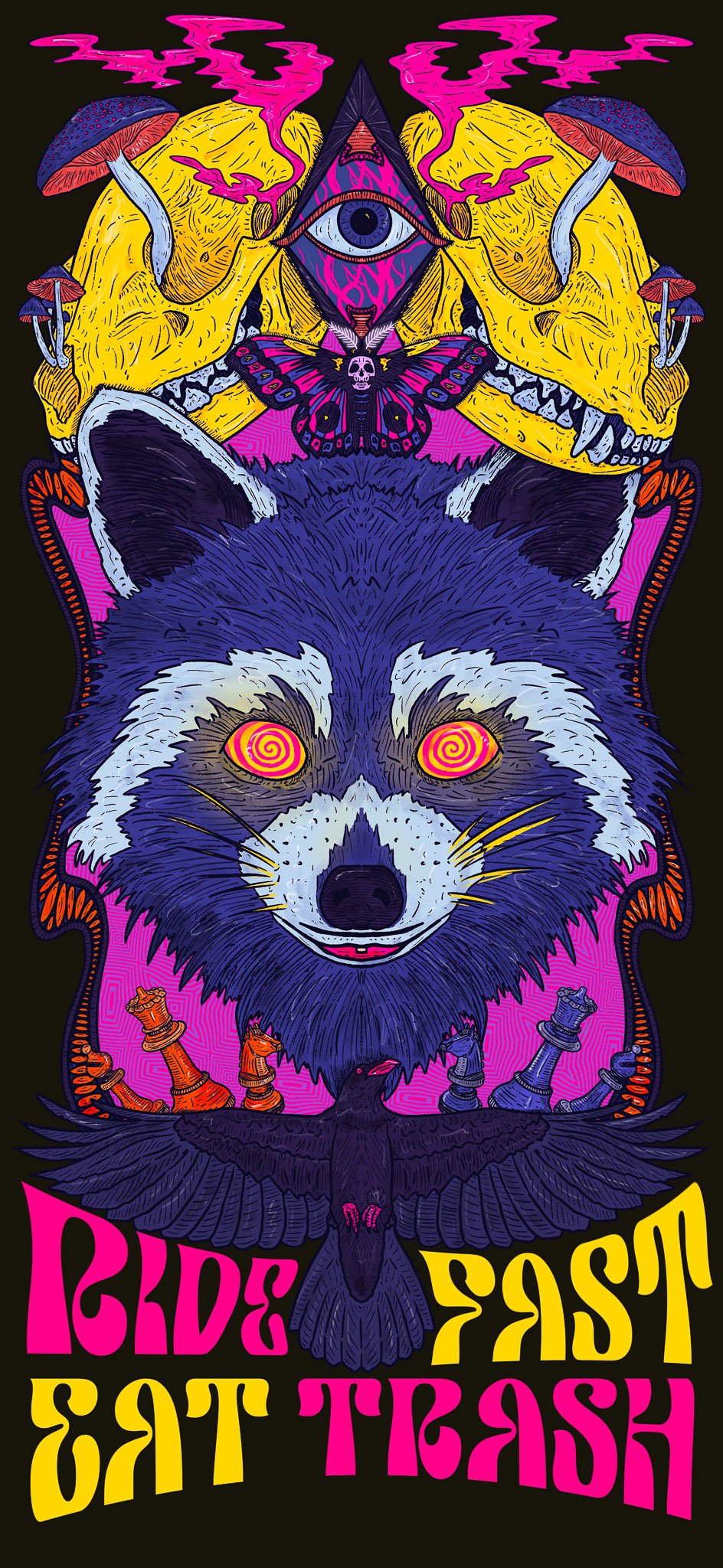 A vertical poster of a raccoon encouraging you to eat trash and ride fast